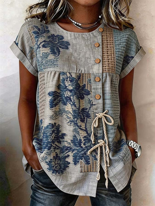 Women'S Casual Printed Tie-Waist Button-Up Top