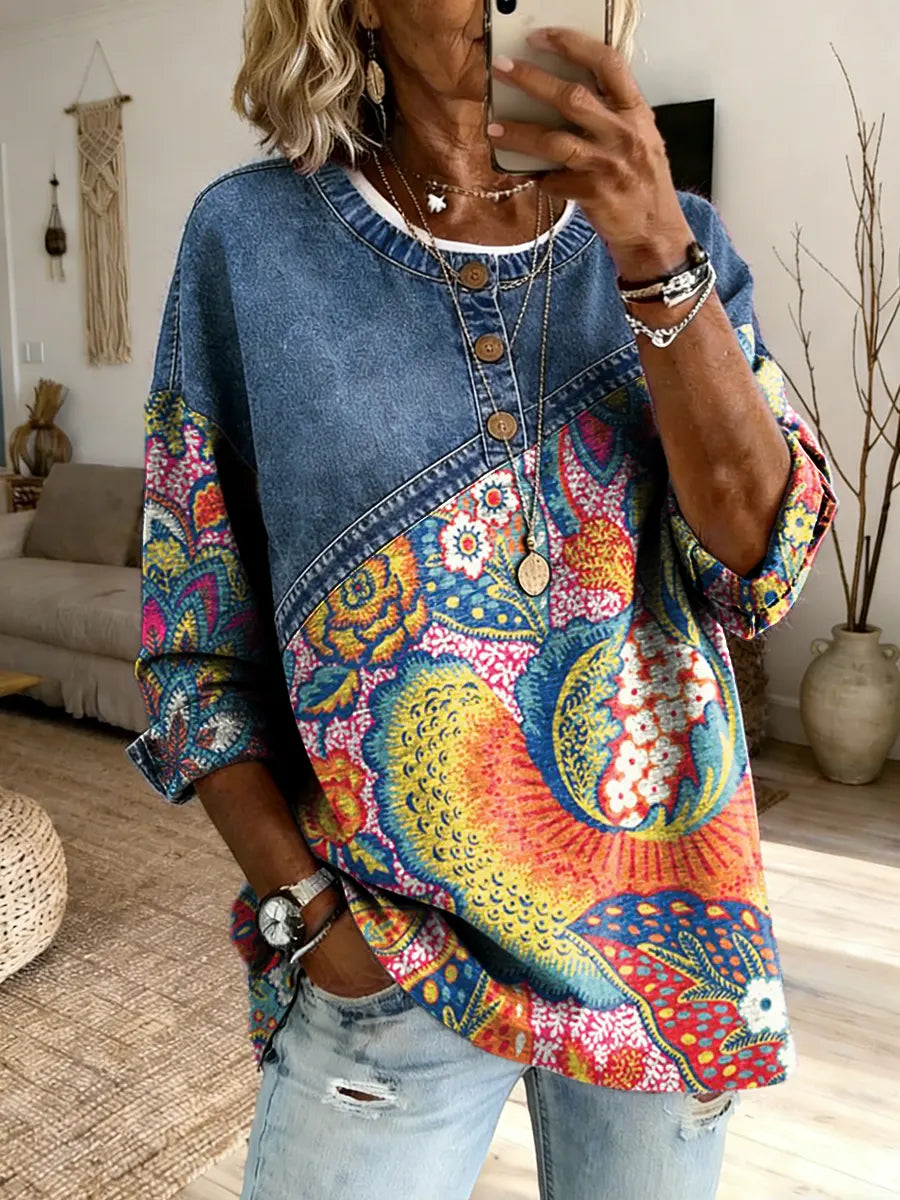 Women's Colorful Ethnic Floral Print Round Neck Button-down Denim Patchwork Top