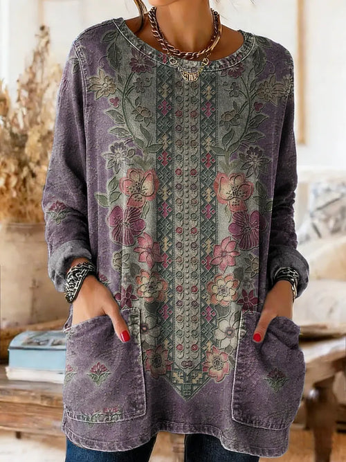 Women's Vintage Ethnic Floral Art Print Casual Long-sleeve Crew Neck Pocket Cotton Denim T-shirt