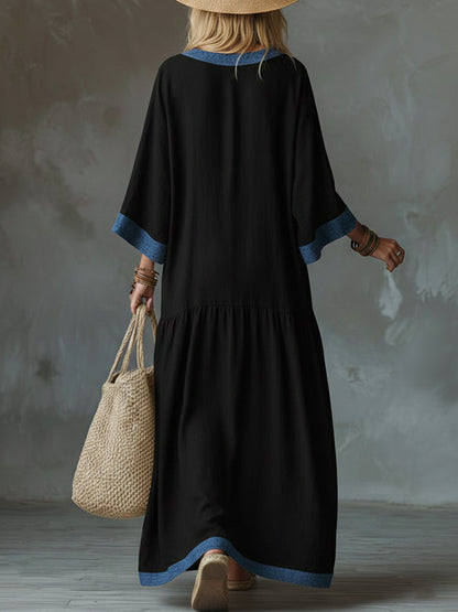 Loose And Cozy Patchwork Denim Dress With Contrasting Trim.