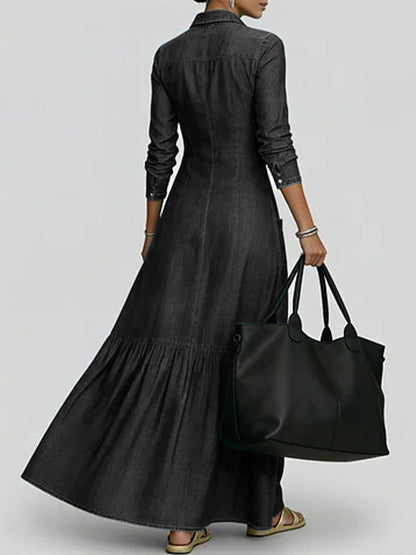 Women's Shirt Collar Long-sleeved Loose A-line Denim Dress
