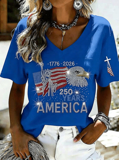 Ladies' American Flag Printed Casual Long Sleeve V-neck T-shirt