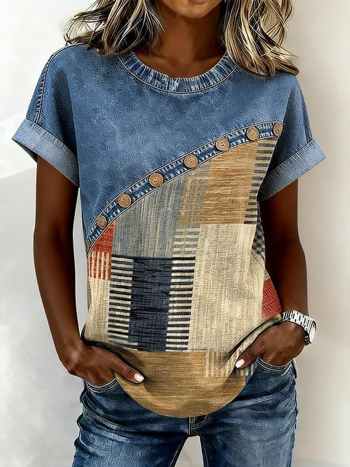 Women's Casual Color-Blocked Print Denim Patchwork Top