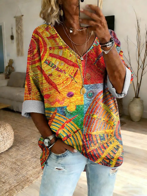 Women's Colorful Sun Patchwork Art Print Cotton Denim V-Neck Top