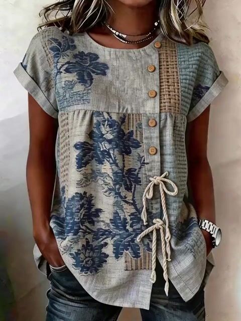 Women'S Casual Printed Tie-Waist Button-Up Top