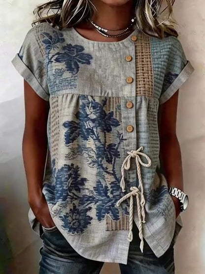 Women'S Casual Printed Tie-Waist Button-Up Top