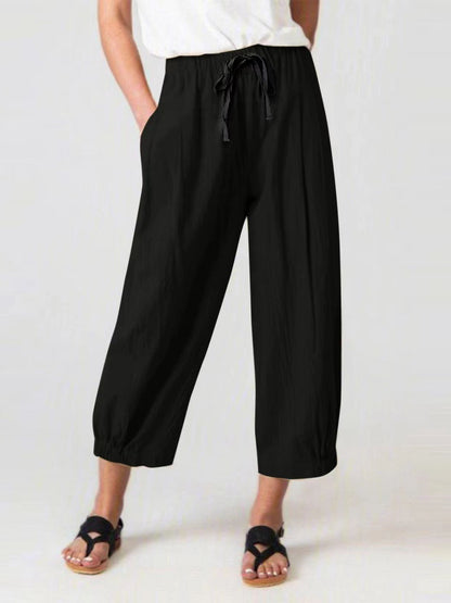 Women's Cotton Linen Drawstring Cropped Pocket Casual Pants
