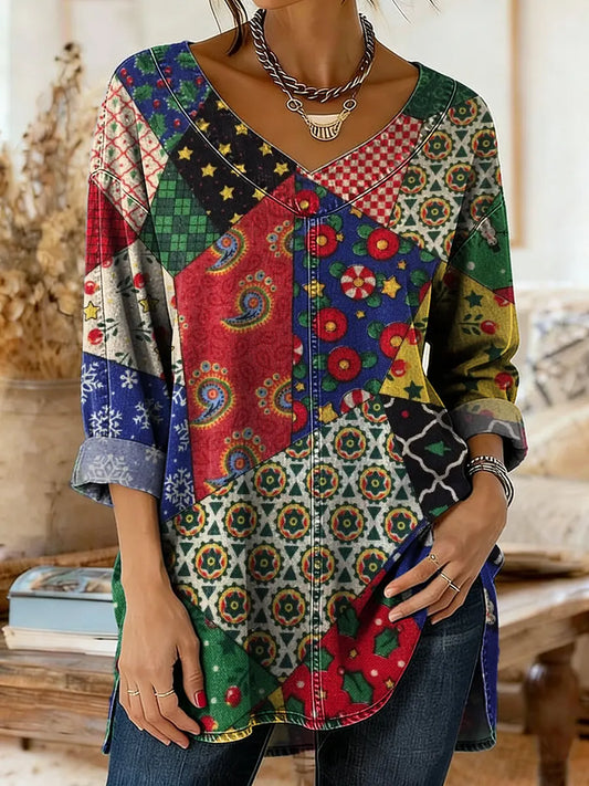 Women's Vintage Floral Patchwork Art Print Casual Washed Denim Cotton Top