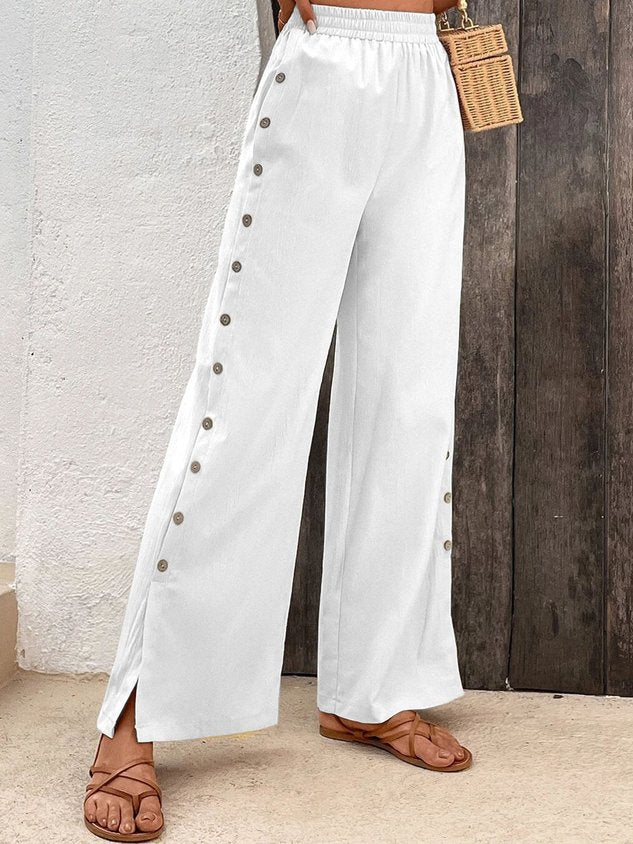 Cotton Casual Plain Button Detail Elastic Waist Wide Leg Pant