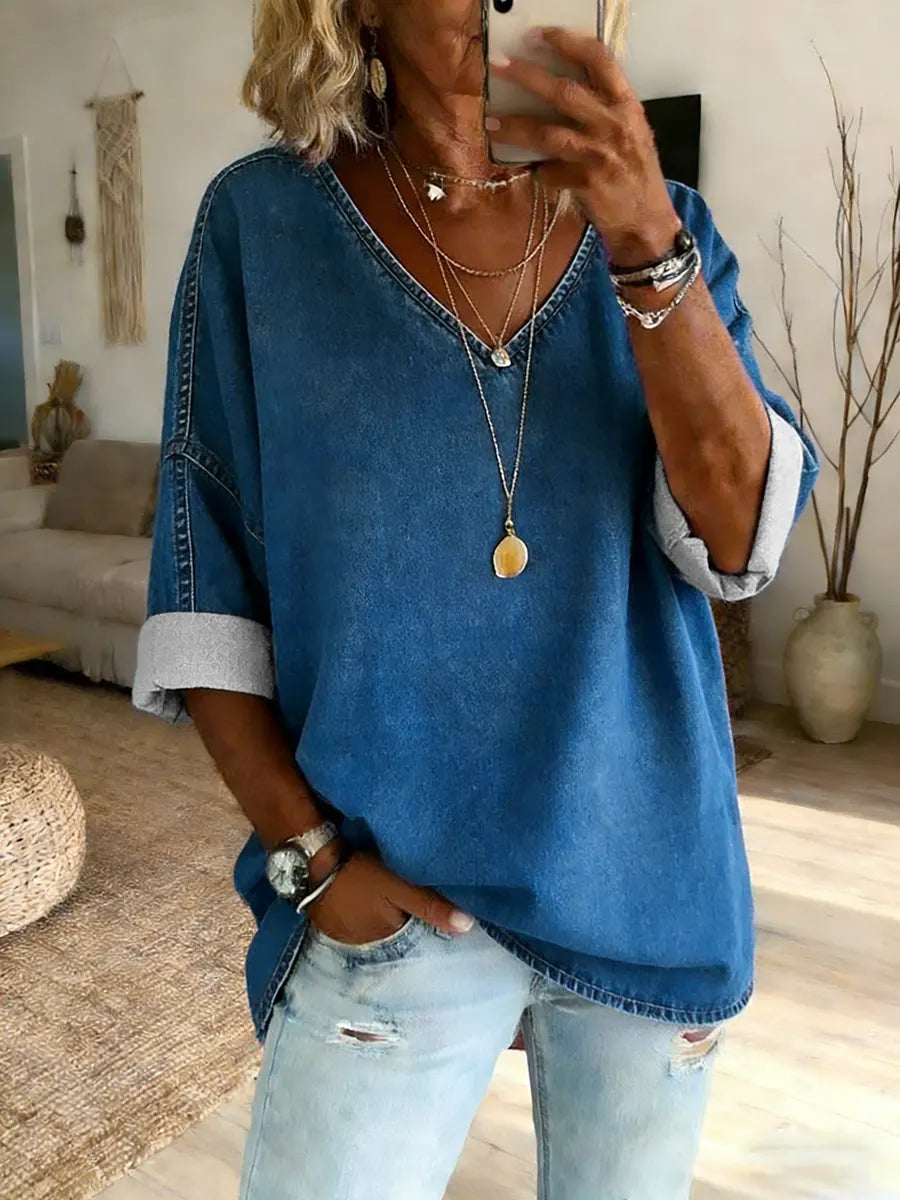 Women's Cotton Denim V-Neck Top