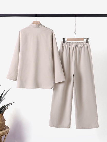 Women's Solid Color Casual Loose Long Sleeve Shirt Wide Leg Pants Two-piece Suit