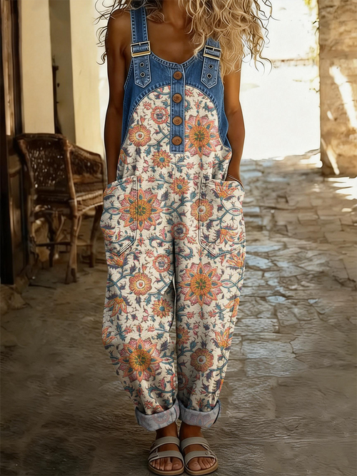 Women's Retro Ethnic Floral Art Print Casual Denim Patchwork Jumpsuit