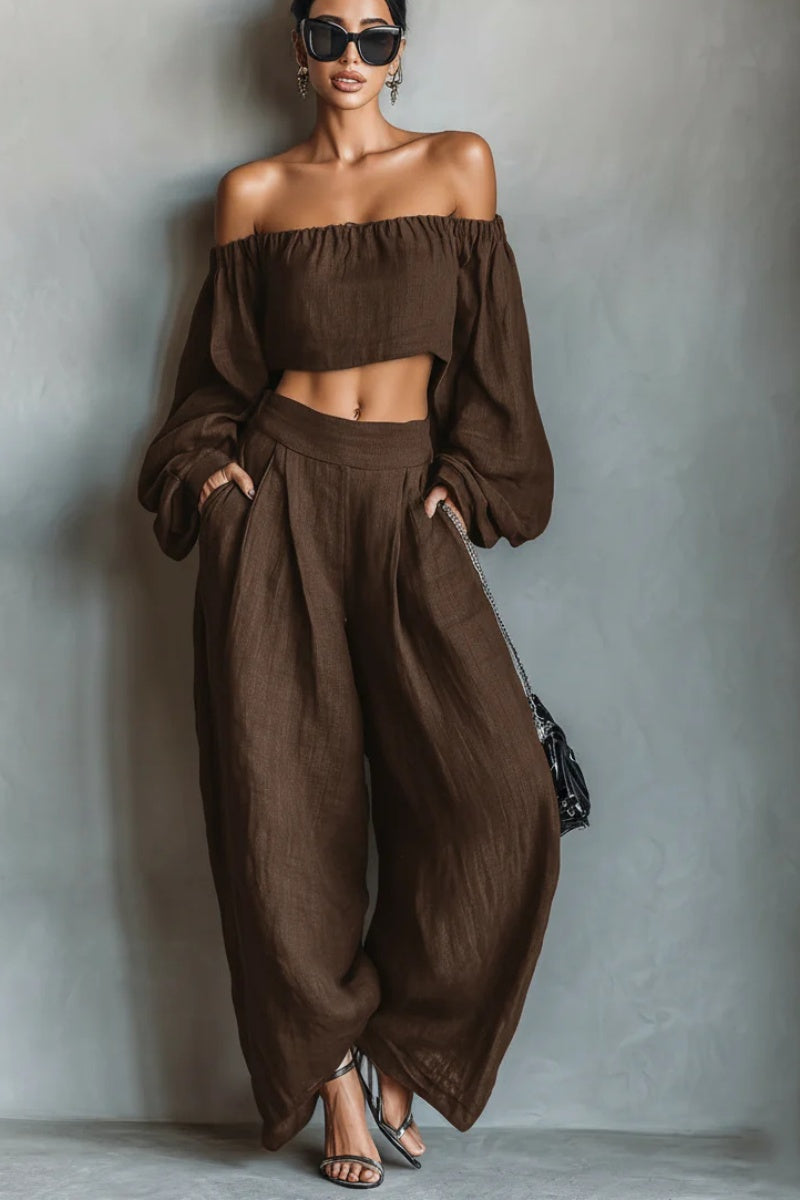 Women's Minimalist Linen Blend Strapless Long-sleeved Blouse And Wide-leg Pants Set
