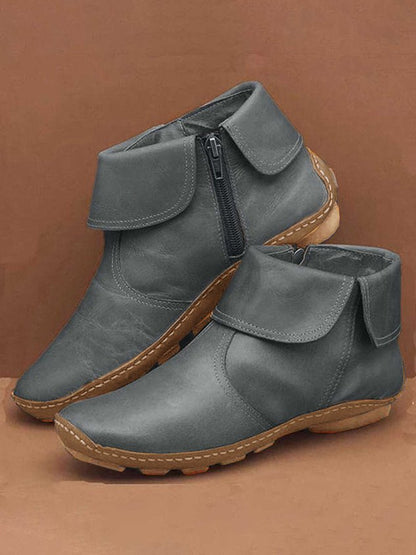 Women Hemmed Zip Casual Plain Round Toe Short Boots With Flat Heel
