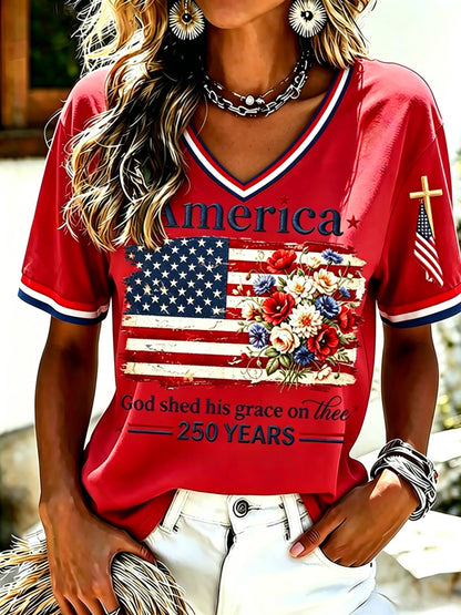 Women's Casual USA 250th Celebration Print Short Sleeve T-shirt