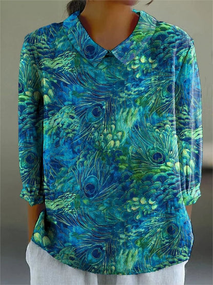 Women's Peacock Feather Pattern Art Print Casual Cotton Linen V-neck Shirt