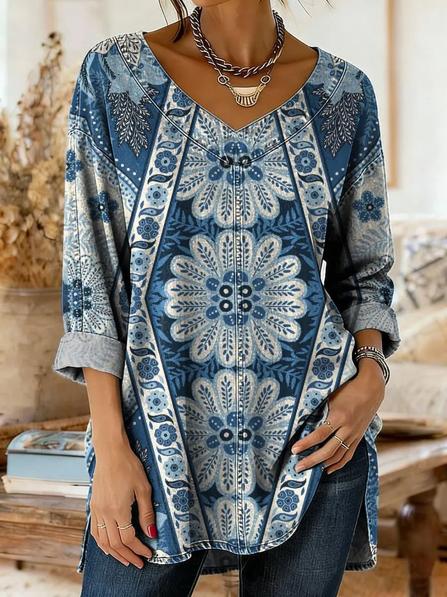 Women's Denim-colored Patchwork Pattern Art Print Casual Washed Denim Cotton Shirt