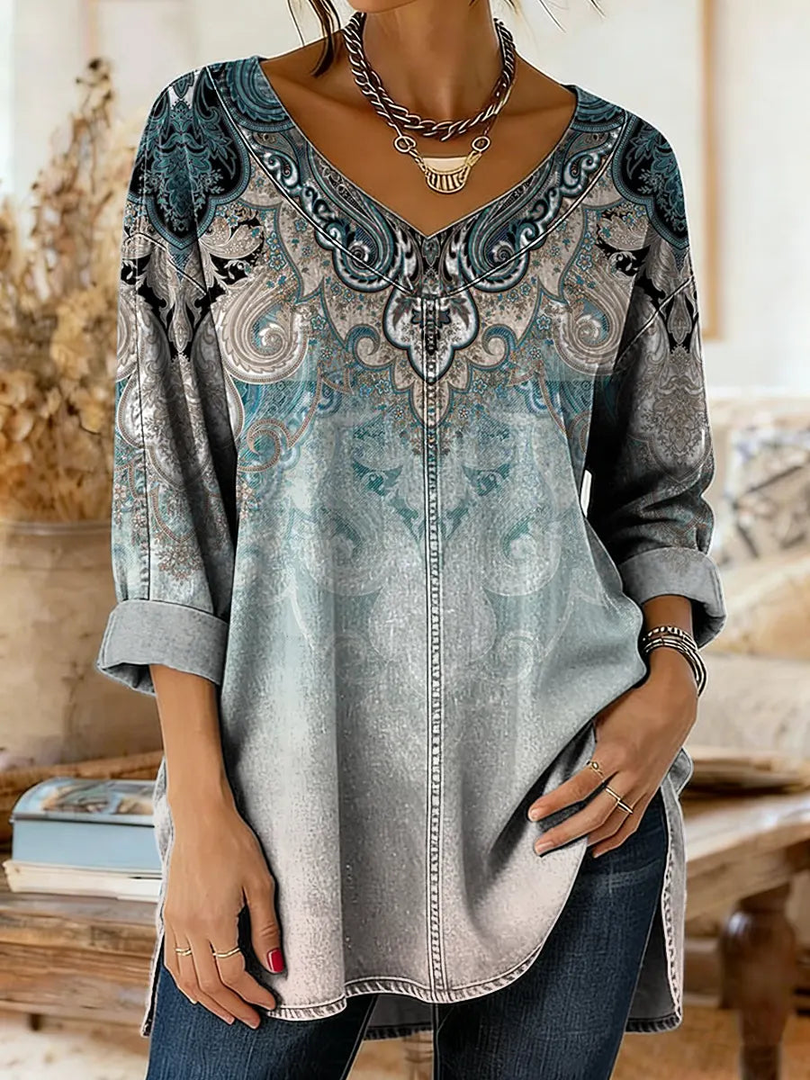 Women's Vintage Print Artistic Washed Denim Cotton Shirt