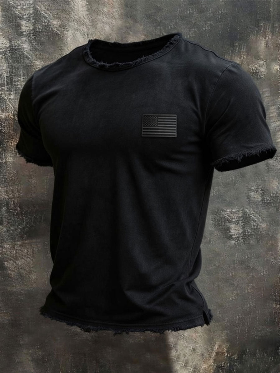 Men'S Retro Style Loose Cuff 100% Cotton Washed And Faded T-Shirt