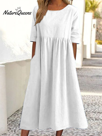 5-quarter Sleeve Casual Loose Solid Color Cotton and Linen Dress