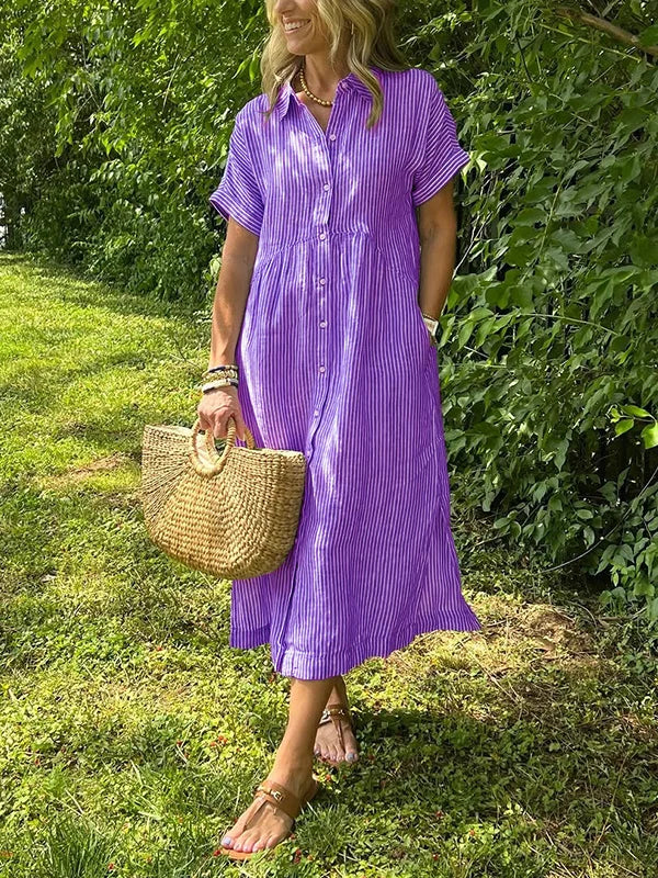 NEW🔥 Women's Striped Lapel Button Down Shirt Dress
