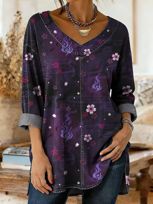 Women's Vintage Floral Pattern Art Print Casual Washed Denim Cotton Top