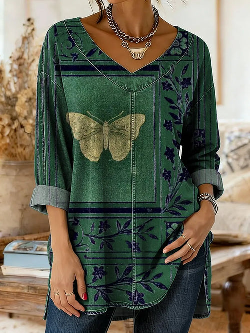 Women's Vintage Butterfly Floral Print Artistic Washed Denim Cotton Shirt