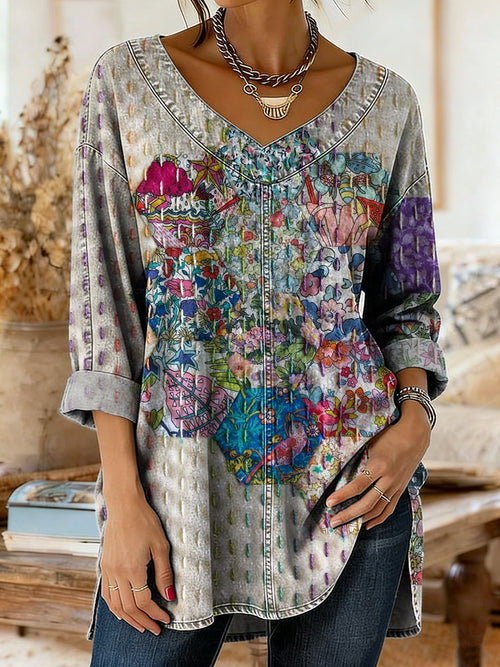 Women's Retro Colorful Art Print Casual V-neck Washed Cotton Denim Top