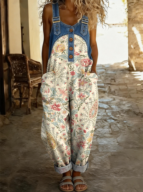 Women's Retro Bohemian Floral Art Print Casual Denim Patchwork Jumpsuit