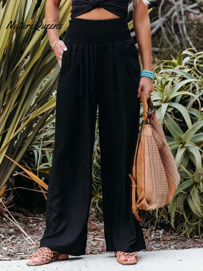 Women's Cotton and Linen Elasticated Waist-waisted Wide-leg Pants