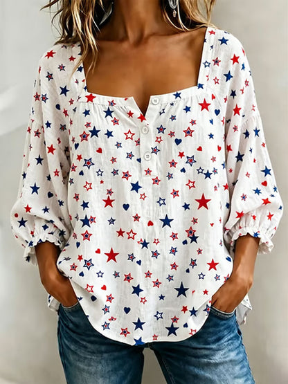 Ladies' Flag Floral Print Casual Cotton And Linen Top