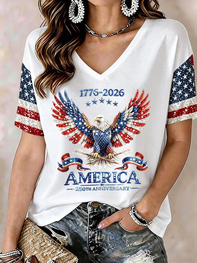 Women'S America Flag Print Casual V-Neck T-Shirt