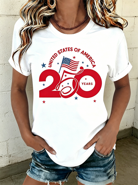 250 Years USA Independence Flag Graphic Casual Crew Neck T-Shirt