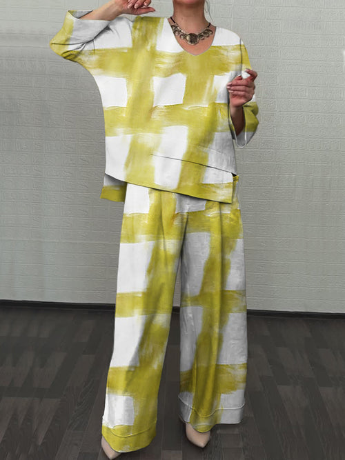 Women's Brushstroke Print Cotton and Linen Top and Pants Two-Piece Set
