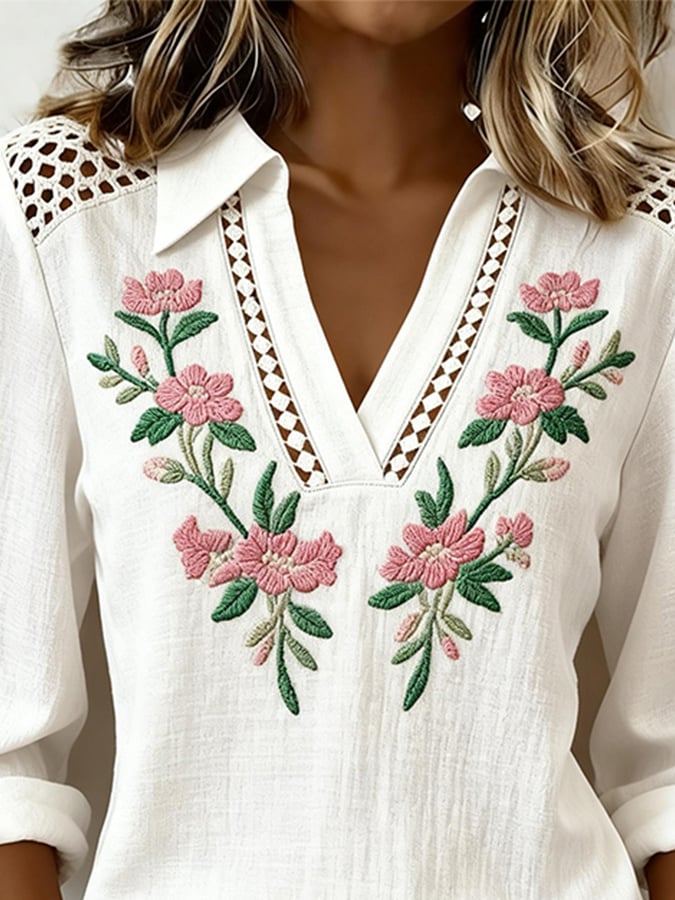 Women's Casual Collared Hollow-Out Printed Cotton Linen Top