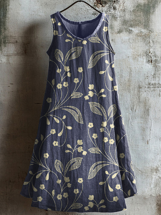 Women's Vintage Floral Print Linen Midi Dress