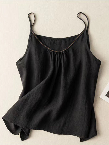 Women's Solid Color V-Neck Cotton And Linen Suspenders Tops