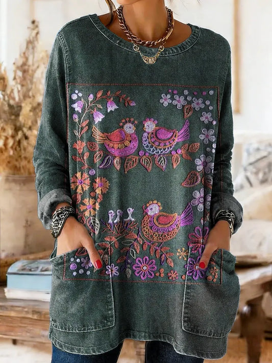 Women's Artistic Floral And Bird Print Casual Long-sleeve Crew Neck Pocket Cotton Denim T-shirt