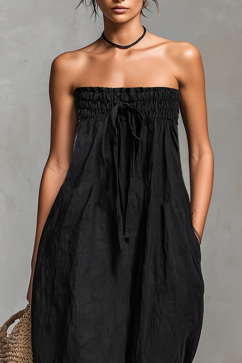 Women's Minimalist Loose-fitting Linen Blend Strapless Jumpsuit With Tie Closure