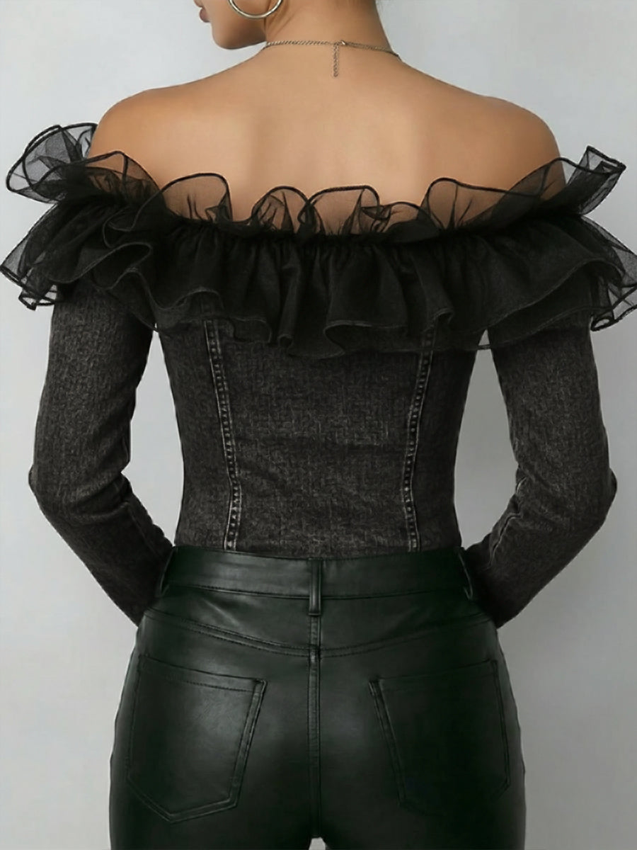 Fashionable Patchwork Organza Ruffled Denim Top