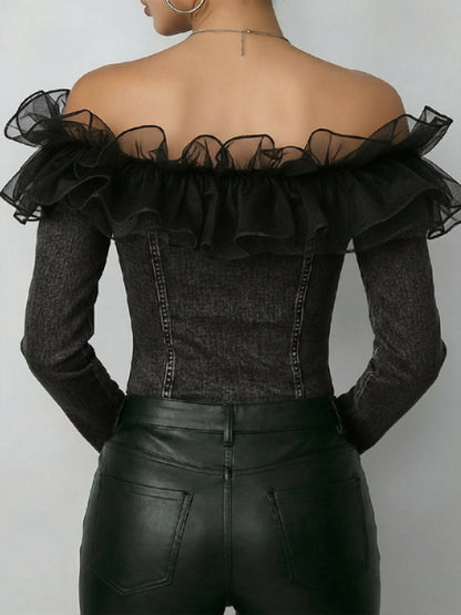 Fashionable Patchwork Organza Ruffled Denim Top