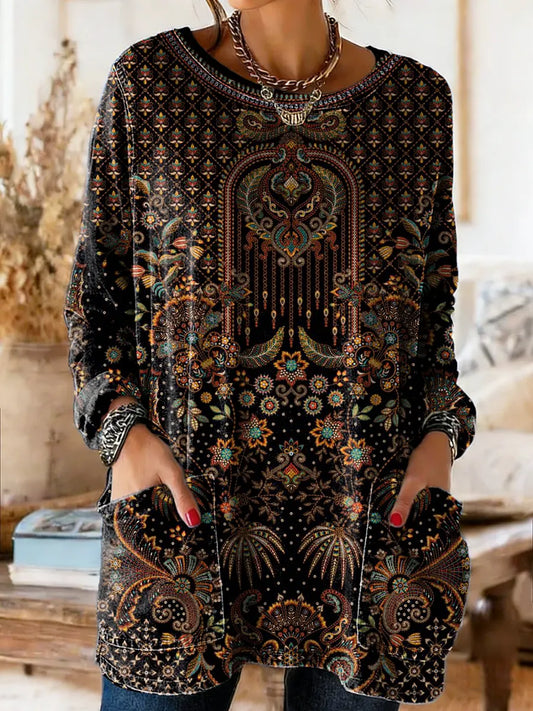 Women's Vintage Ethnic Floral Art Print Casual Long-sleeve Crew Neck Pocket Cotton Denim T-shirt