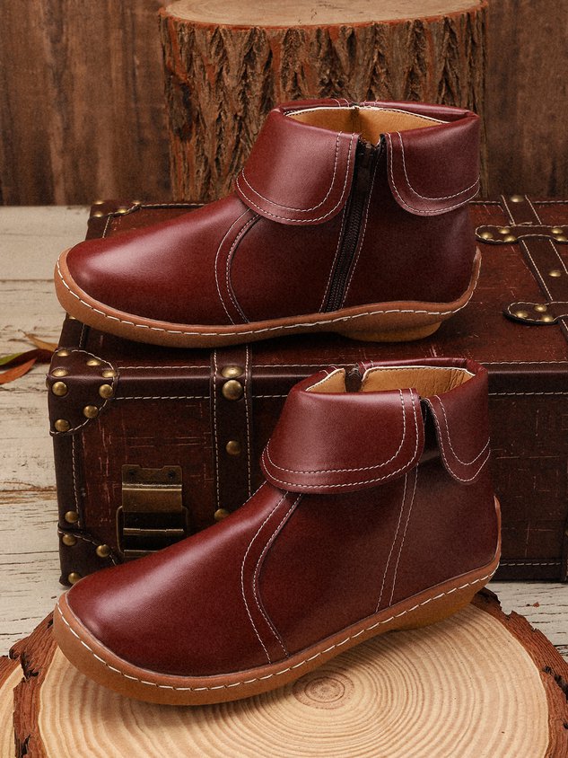 Women Hemmed Zip Casual Plain Round Toe Short Boots With Flat Heel