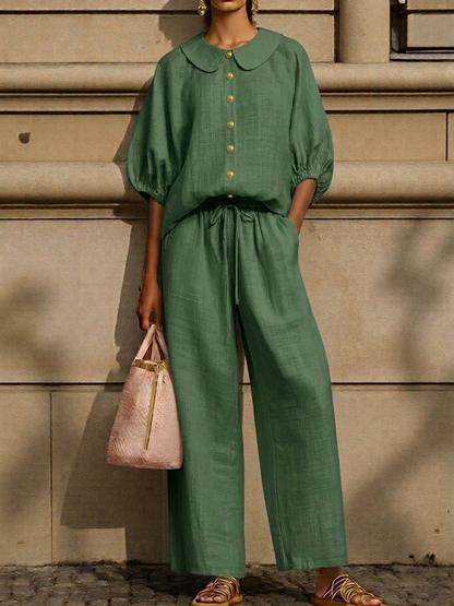 New Arrivals🔥Stylish Peter Pan Collar Shirt And Wide-leg Pant Linen Two-piece Set