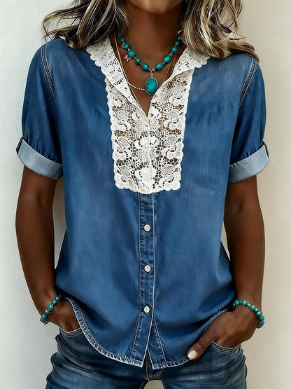 Women'S Casual V-neck Lace Patch Denim Shirt