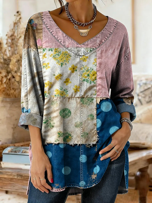 Women's Vintage Patchwork Pattern Art Print Casual Washed Denim Cotton Top
