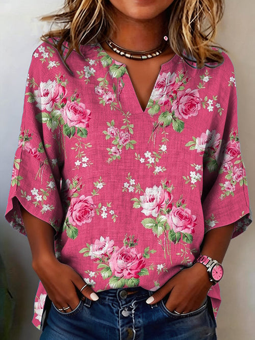 Women's Casual Spring Floral Cotton Linen Top