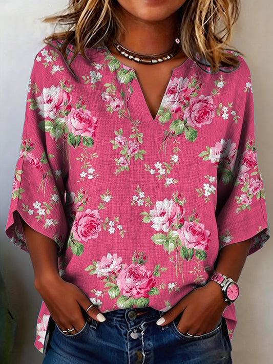 Women's Casual Spring Floral Cotton Linen Top