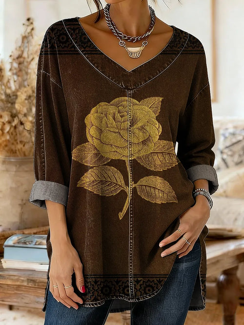 Women's Vintage Floral Print Artistic Washed Denim Cotton Shirt