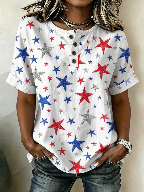Women's Casual Patriot Cotton Linen Short-Sleeve Button-Up Shirt